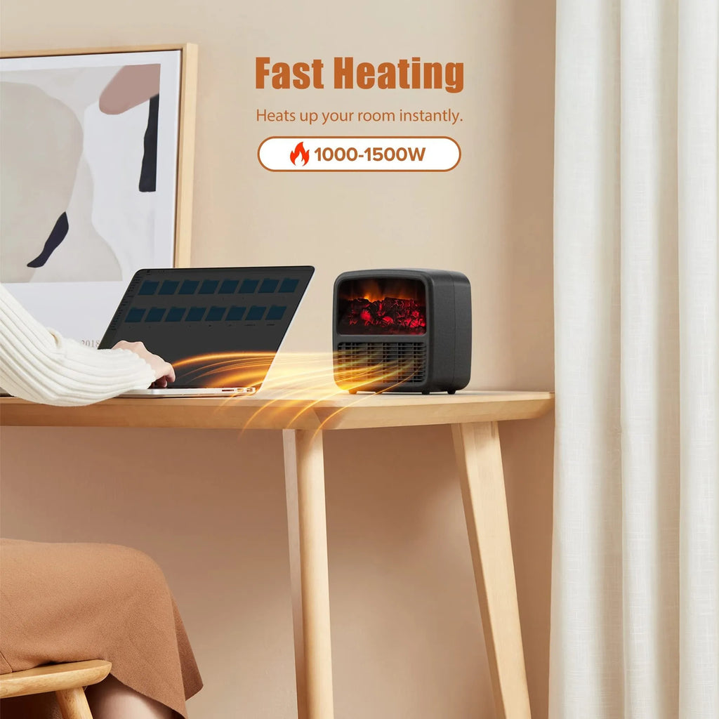Black desktop ceramic electric space heater with LED flame effect and mechanical controls