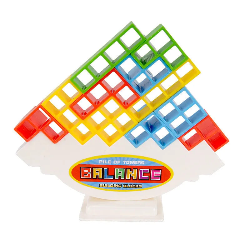Balance stacking board game with plastic building blocks, chassis, and base for family play