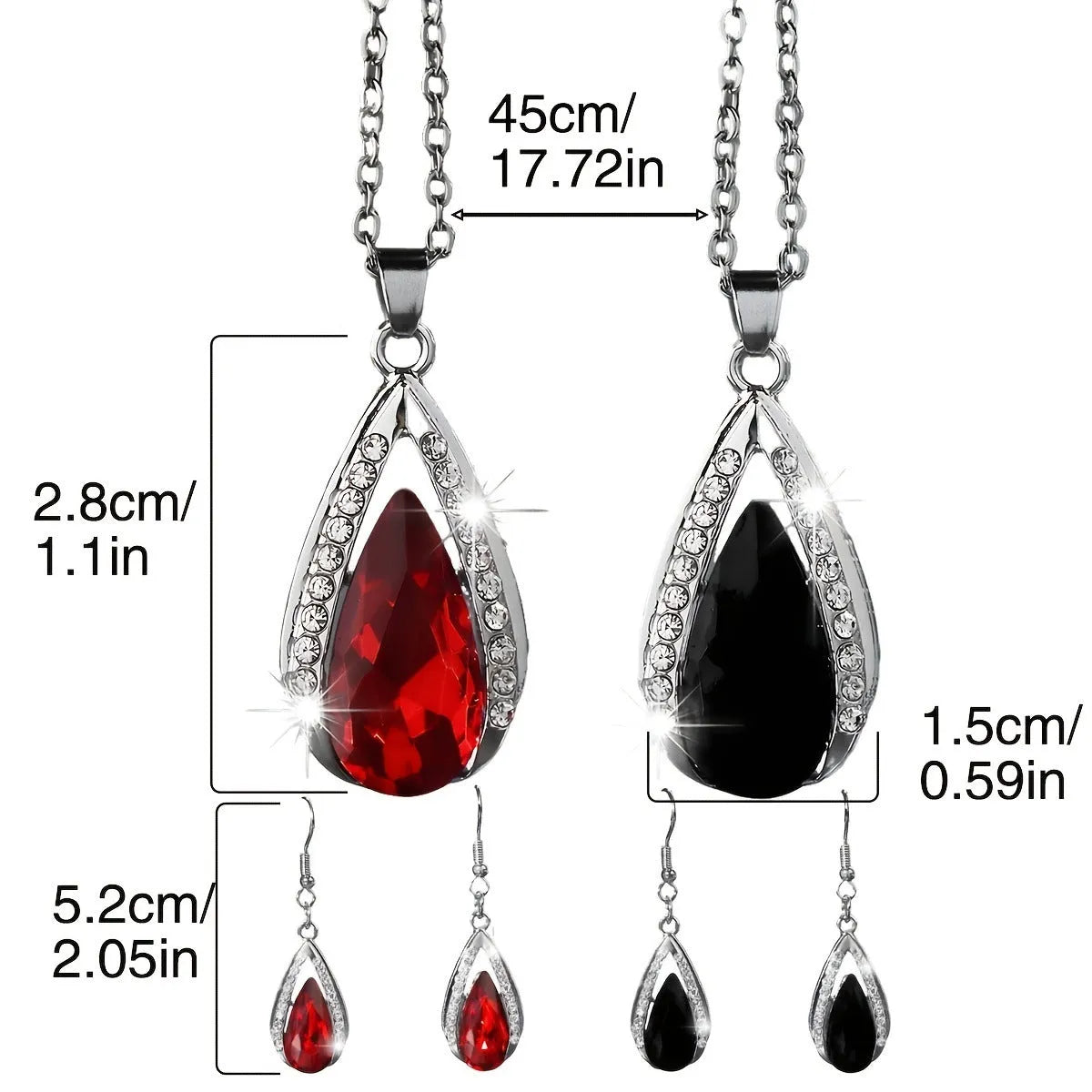 Black or red teardrop glass pendant necklace and matching earrings jewellery set