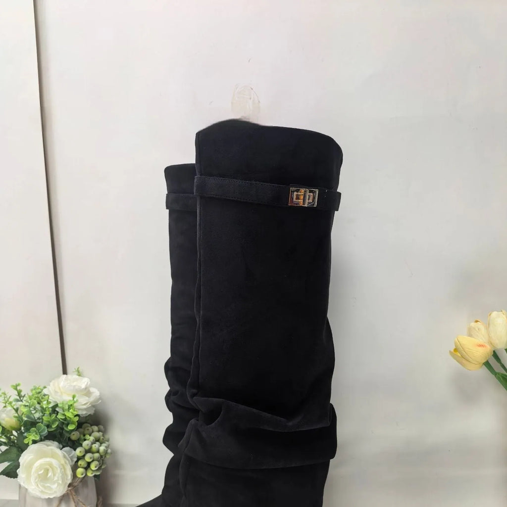 Straight pleated metal buckle middle boots for women, suede upper, high cylinder, short stout heel, black matte colour