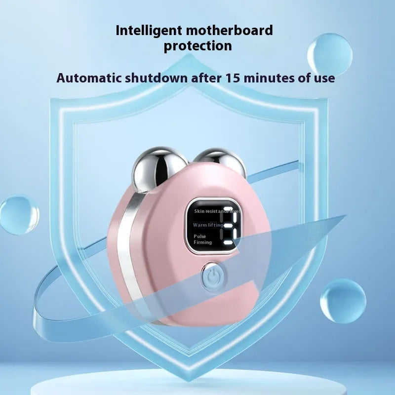 Portable double-roller facial massage instrument in light blue with micro current and hot compress functions
