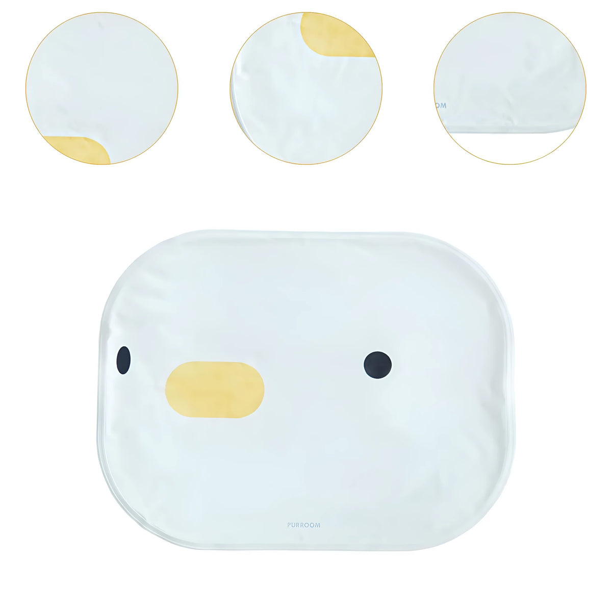 Yellow chick-shaped pet cooling mat on a wooden floor, showing non-stick fabric surface.