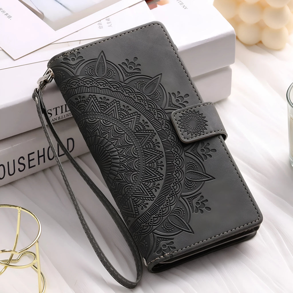 Multi-card embossed totem PU leather zipper bag phone case for iPhone, flip style, black, with card slots and zipper compartment.