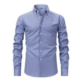Men's striped long-sleeved business shirt with lapel collar on a hanger.
