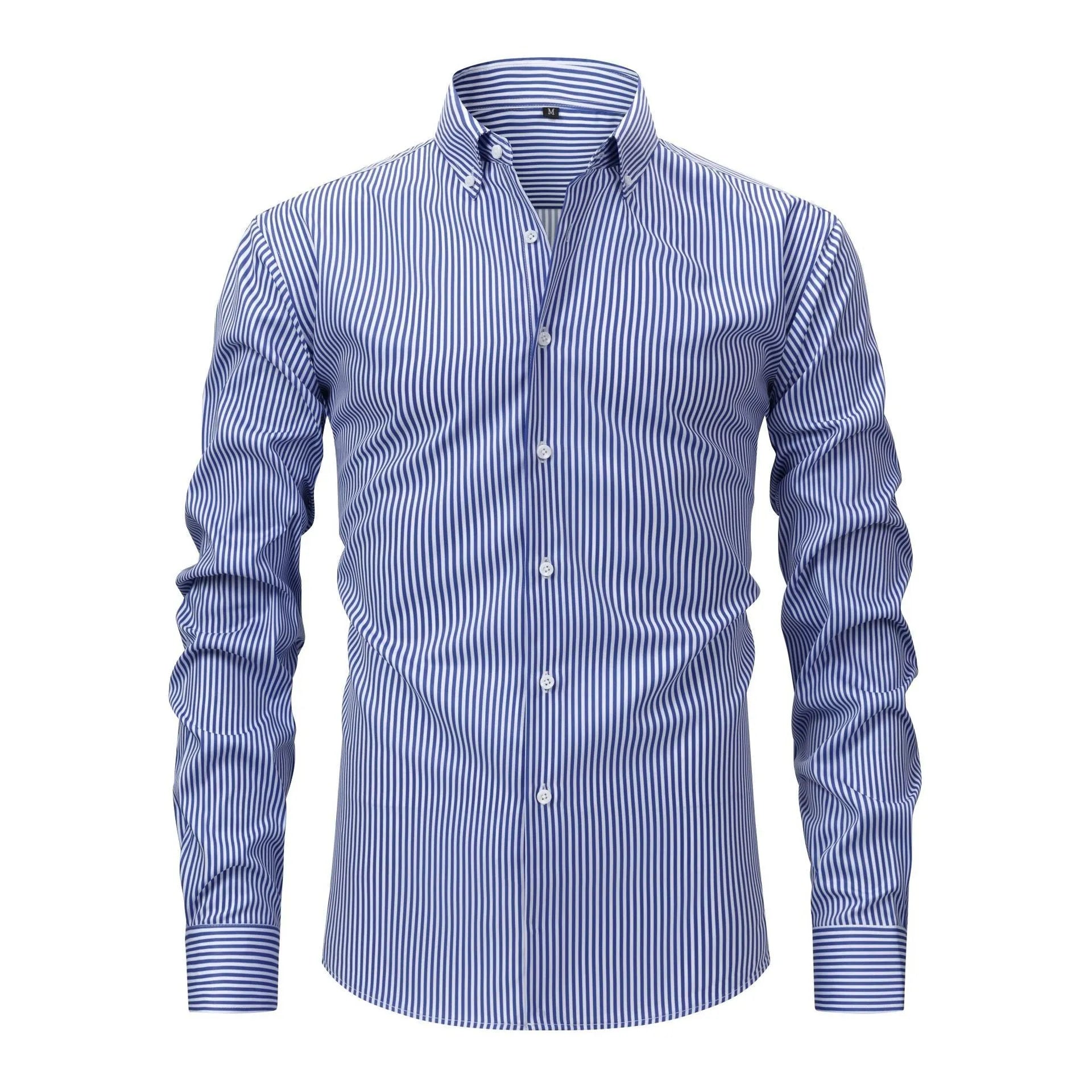 Men's striped long-sleeved business shirt with lapel collar on a hanger.