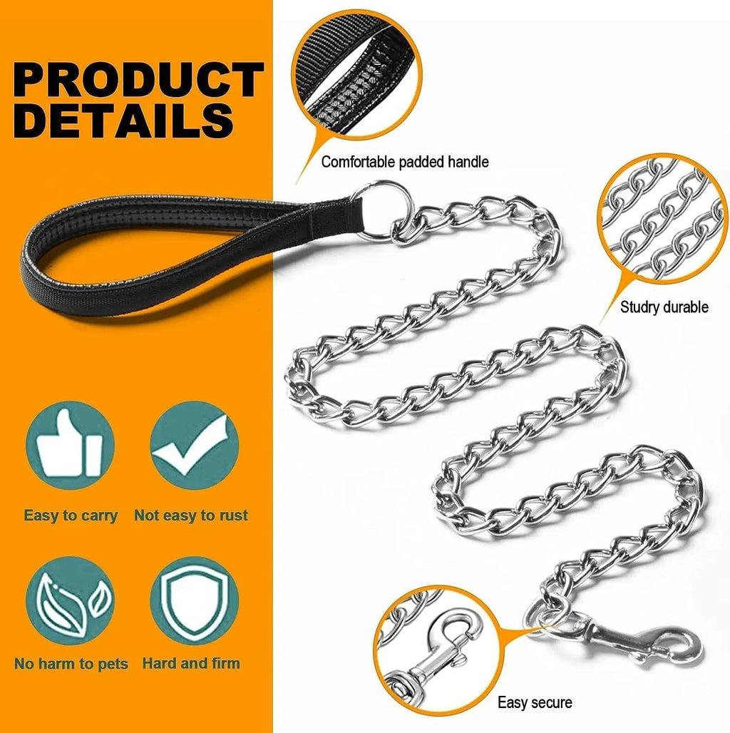 Heavy duty metal dog leash with soft padded handle in black, blue, or red colours