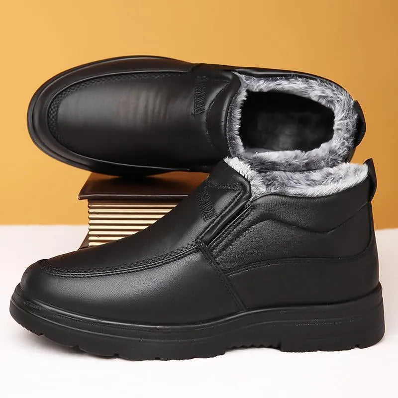 Men's black fleece-lined winter slippers with non-slip rubber sole and slip-on design