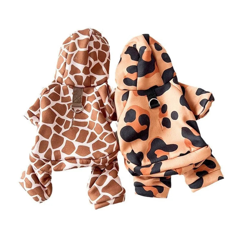 Pet traction four-leg clothing in black leopard print for dogs, polyester material, side view showing four-leg coverage