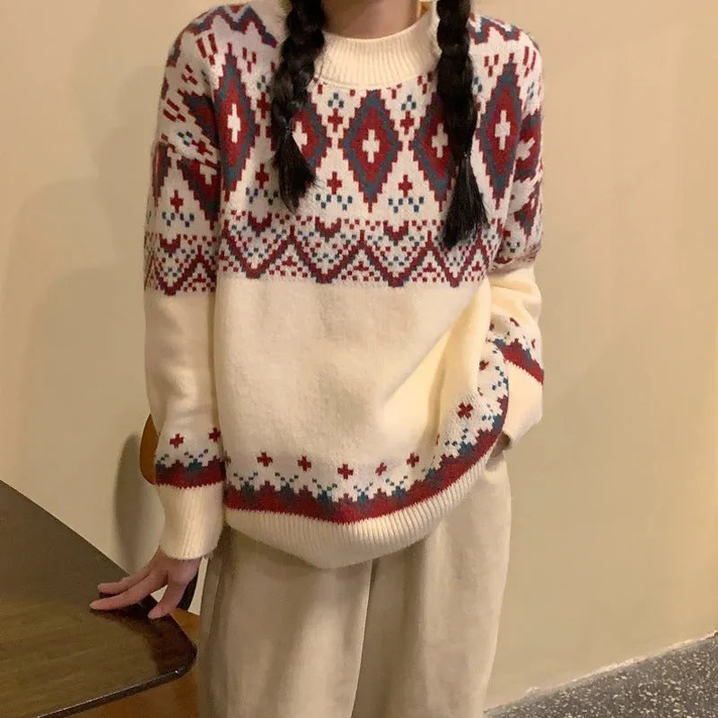 Loose striped pullover knitted top in polyester with long sleeves