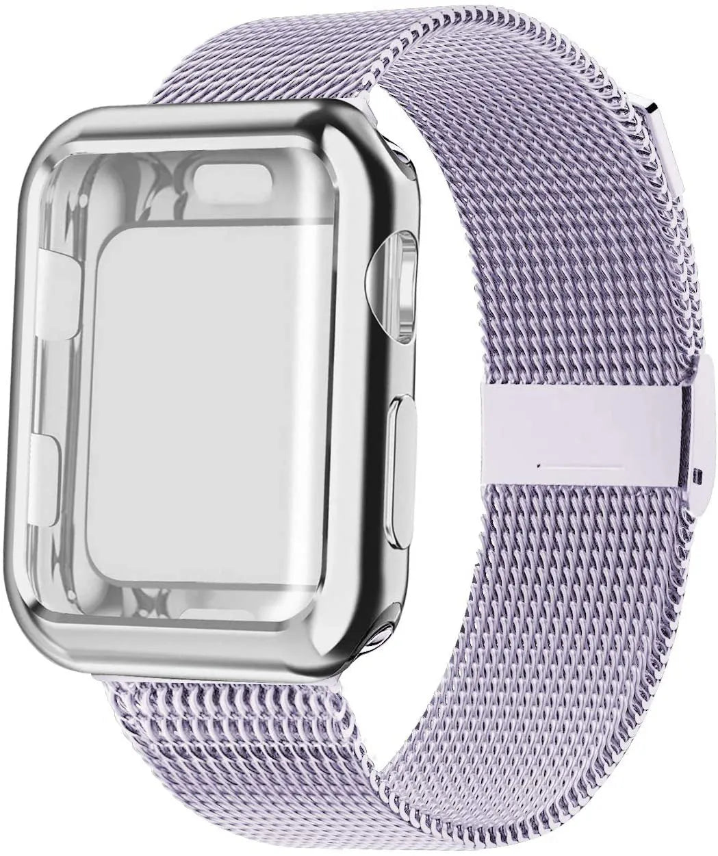 Magnetic metal Milan wristband for Apple Watch on wrist, showing clasp and mesh detail.