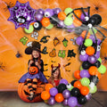 Halloween decoration balloon set with skull and pumpkin shapes in white and black colours including spider balloon arch