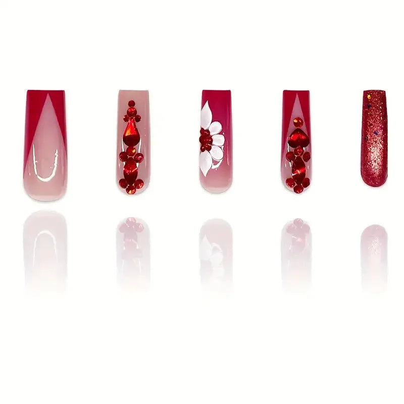 Artificial nails with floral patterns and red diamond designs in European square long style