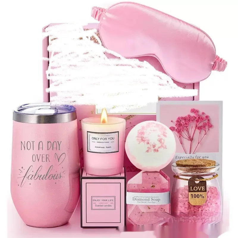 Aromatherapy candle bath gift box with soy wax candles and bubble bath products in modern simplicity design
