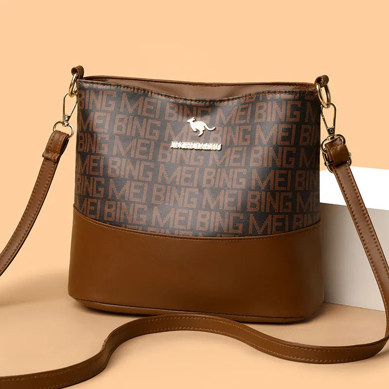 Retro soft PU messenger bag in brown with sewing thread detail and horizontal square shape