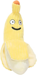 Yellow banana-shaped cat toy with soft plush texture and crinkle paper sound element