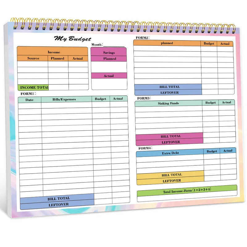 B5 size spiral bound budget notebook with a PP cover, open on a table.