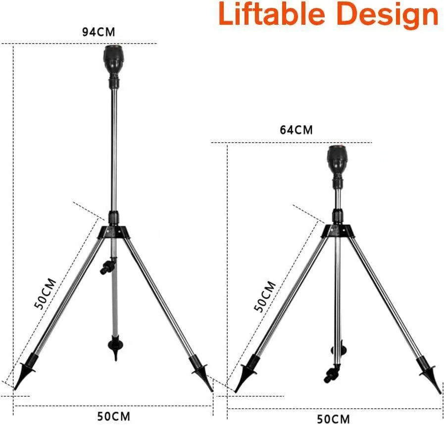 Retractable automatic rotating sprinkler tripod with stainless steel nozzle, 1/2 inch thread, 15°-360° adjustable angle.