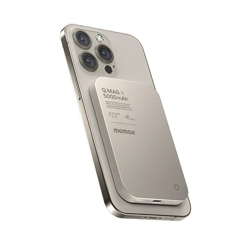 Magnetic wireless alloy power bank in titanium gold and black colour options.