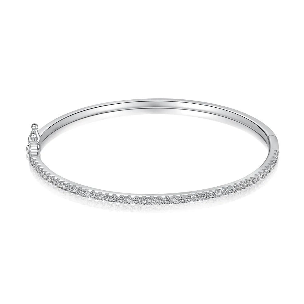 S925 sterling silver bracelet with gang drill geometric design in platinum colour on display