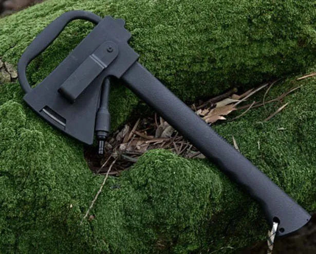 Black multifunctional outdoor survival axe with stainless steel blade, EDC handle, and tactical K sheath, 35.3cm × 14.5cm