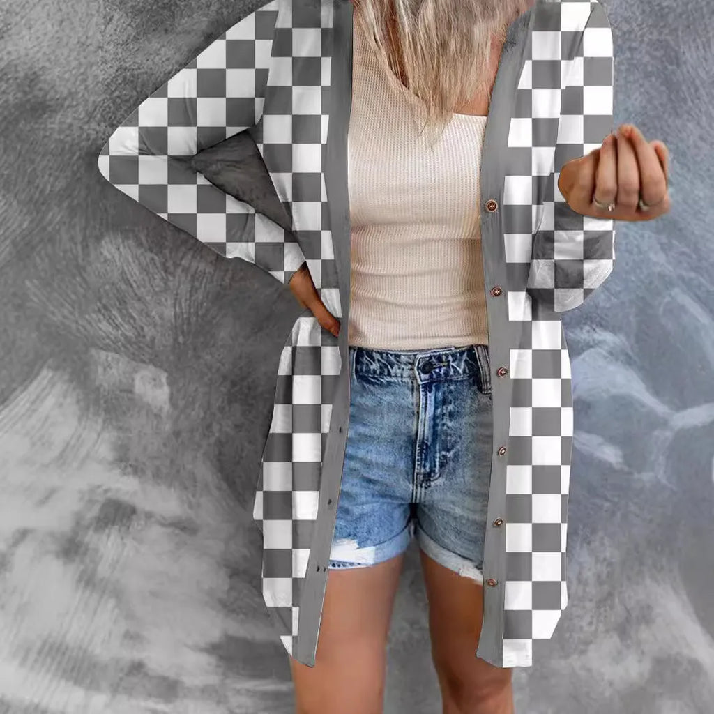Women's long loose fit plaid cardigan coat in polyester, shown in available colours