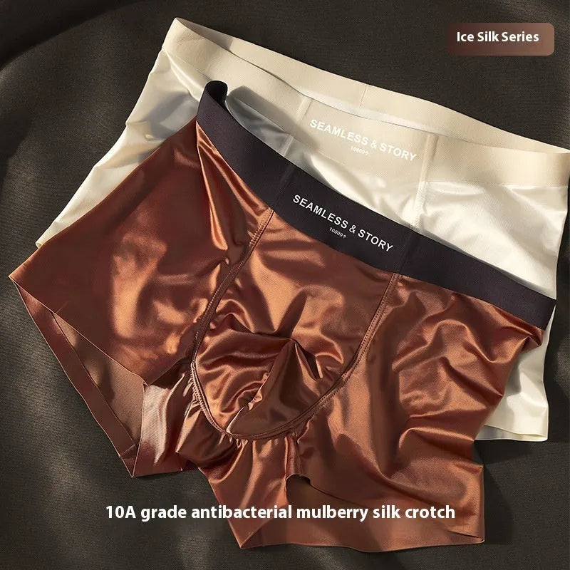 Men's ice silk satin underwear in mid-waist style showing coffee, grey, white, and blue colours.