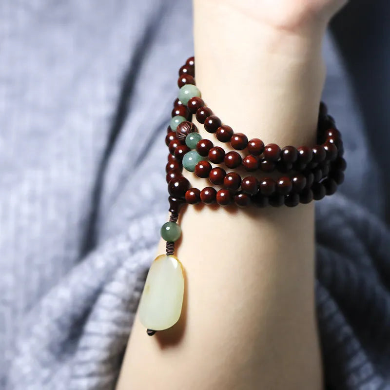 Carved rosewood bead bracelet with 6mm beads and Hotian jade pendant, unisex style