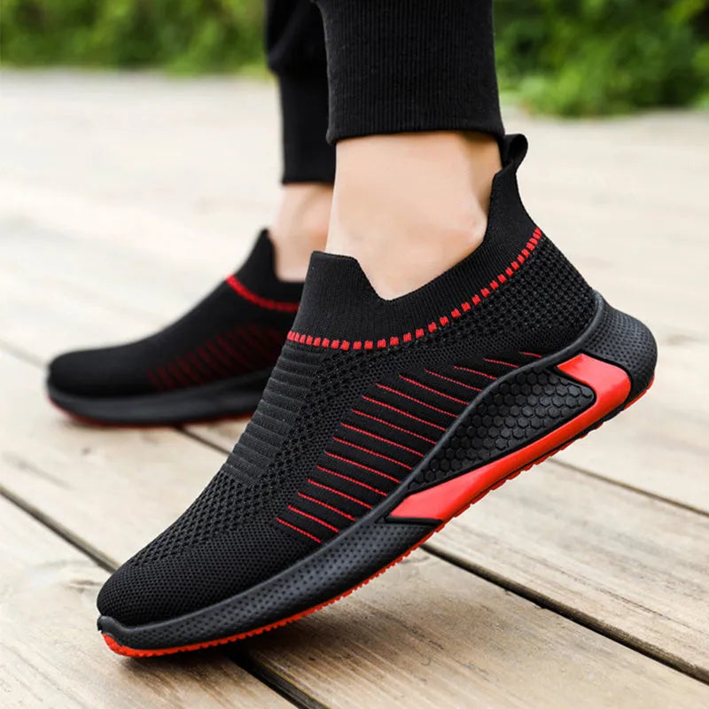 Men's mesh sock shoes with striped flyknit upper and slip-on design
