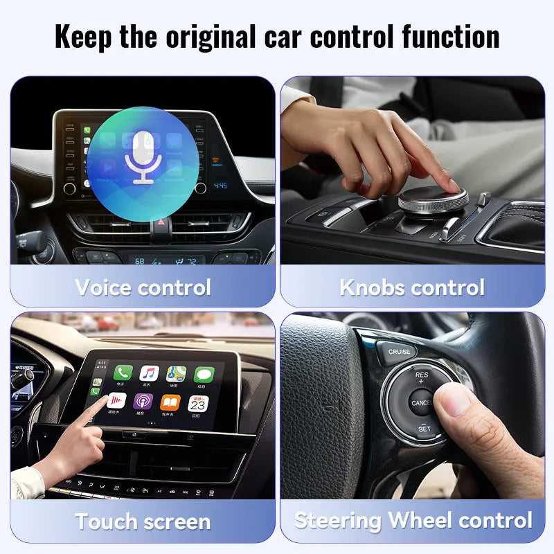 Black mini CarPlay USB interface adapter showing compact dimensions for vehicle installation