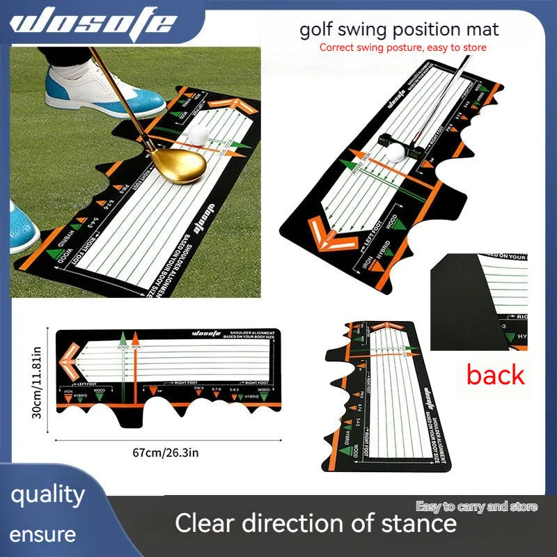 Black neoprene golf swing standing posture auxiliary pad on a practice surface.