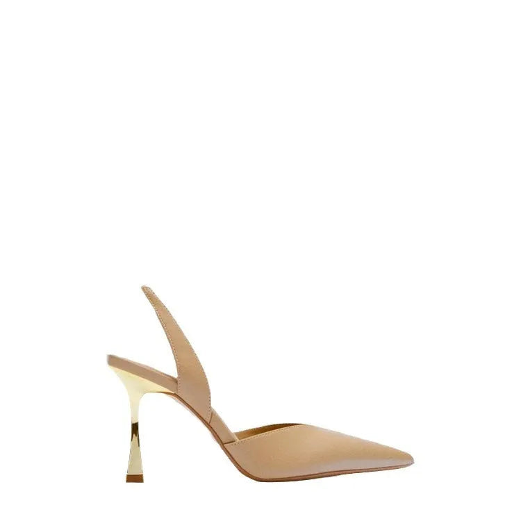 Apricot and black women's pointed toe high heels with patent leather upper and shallow mouth.