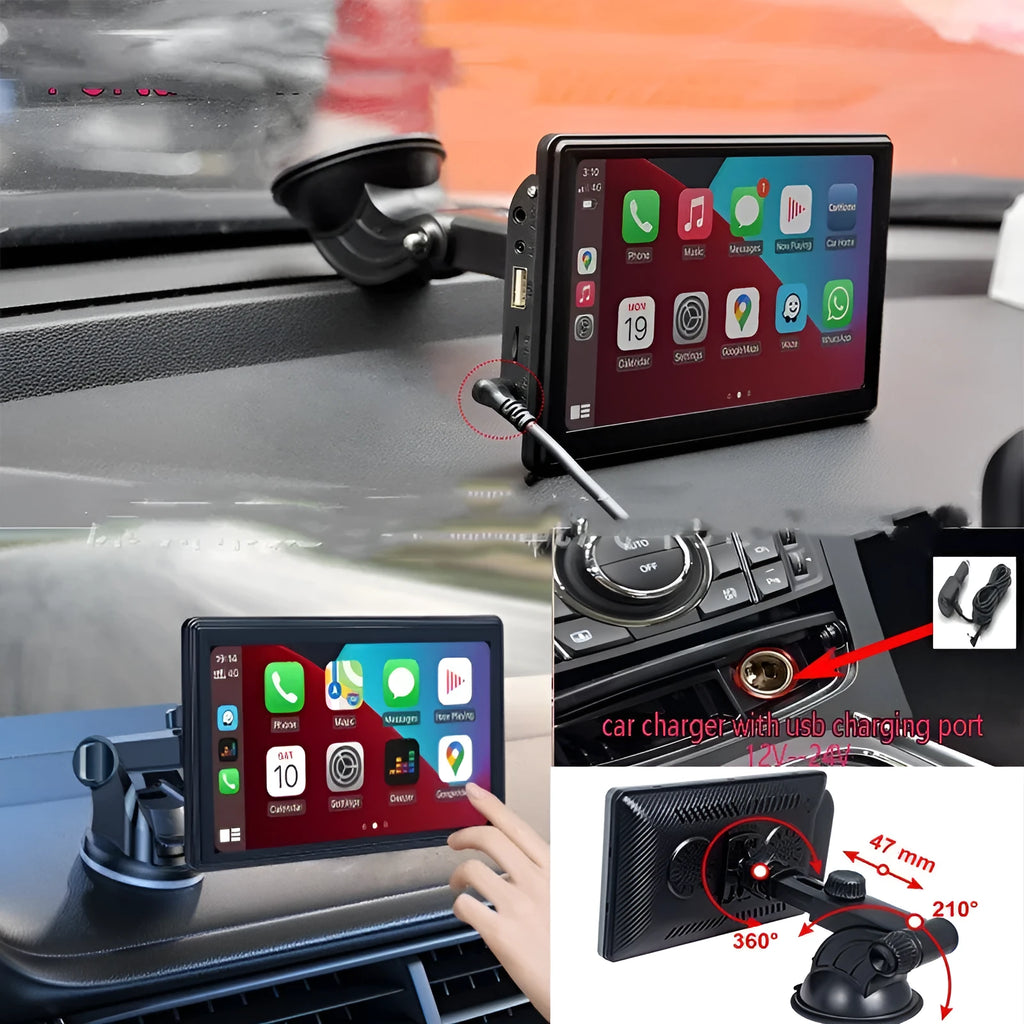 Portable 7 inch car navigator with wireless Carplay and Android AUTO projection screen on dashboard