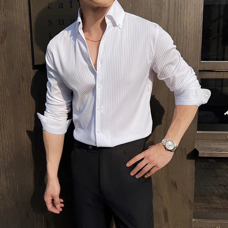 Men's dark striped V-neck long sleeve shirt in regular fit cardigan style