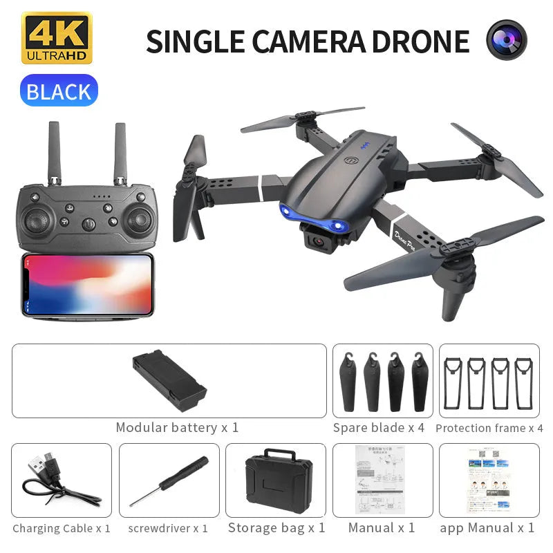 Folding quadcopter drone with dual 4K cameras in black plastic body on flat surface