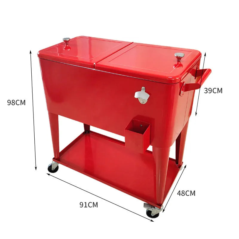 Red outdoor insulated cart cooler box with iron trolley frame and 750 ml capacity.