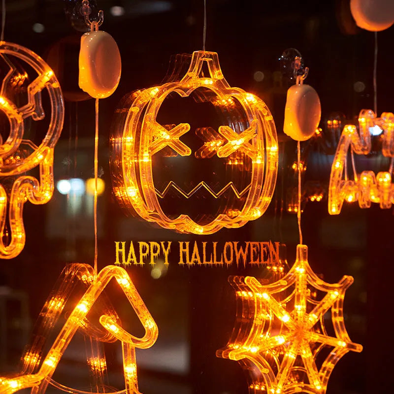 Seven Halloween-themed battery LED window lights with spiders, pumpkins, ghosts on suction cups