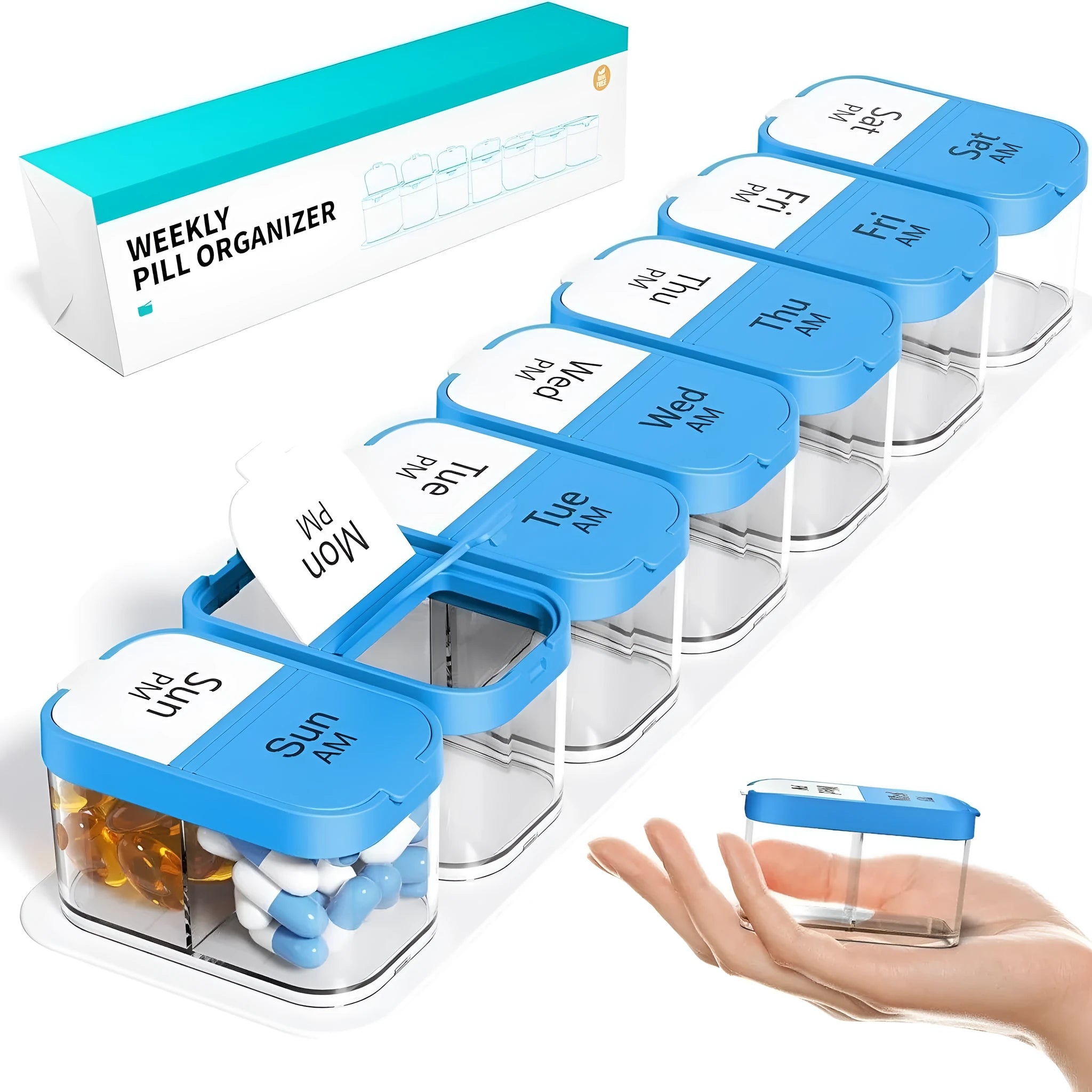 Large white plastic pill organiser box with 14 detachable compartments shown both assembled and separated.