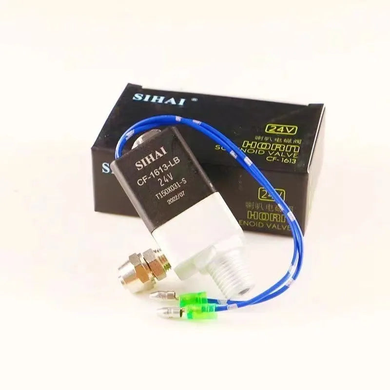 Black dual trumpet air horn and compressor kit for 12V and 24V vehicle installation.