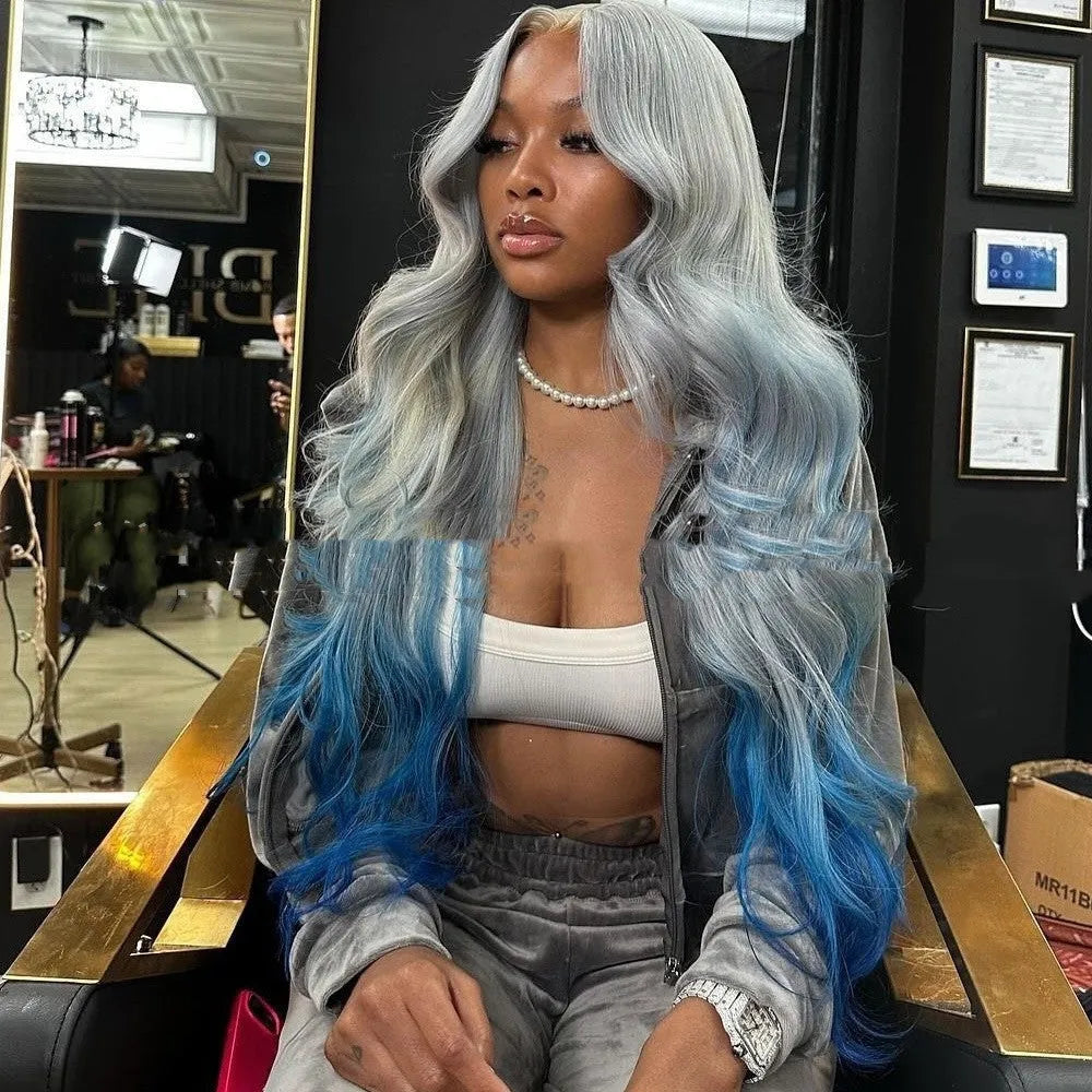 Grey blue gradient human hair lace front wig on a stand, showing long length and natural hairline.