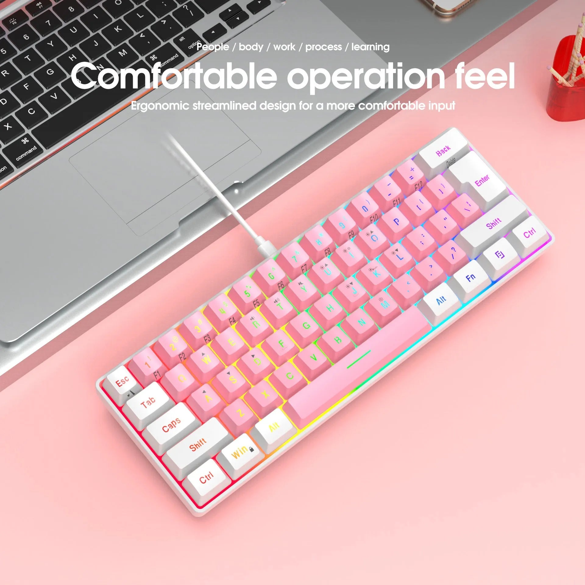 White and black wired 61-key membrane keyboard with USB cable on desk