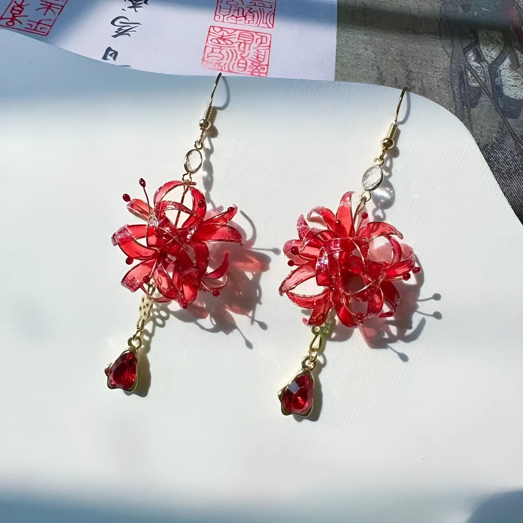 Red Spider Lily Manjushage women's earrings in red, gold, or red+gold resin floral design