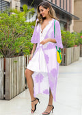 Light purple women's beach dress with lace embroidery, cotton lining, free size swimsuit cover-up