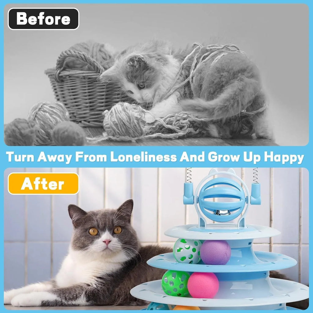 Blue 4-tier interactive cat puzzle toy with six plastic balls on circular tracks and teasing rods