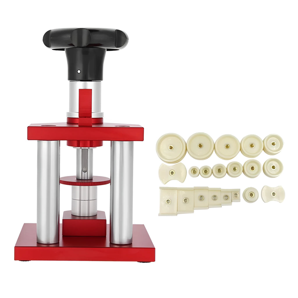 Watch repair spiral cap presser with capsulator device and 20 plastic moulds for case back removal