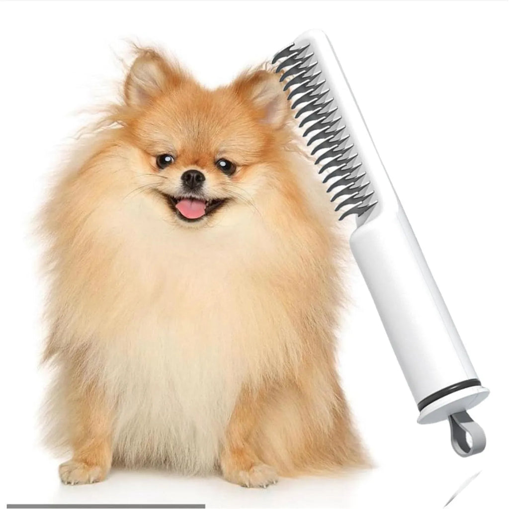Stainless steel pet dematting comb with handle for removing knots and mats from dog's coat.