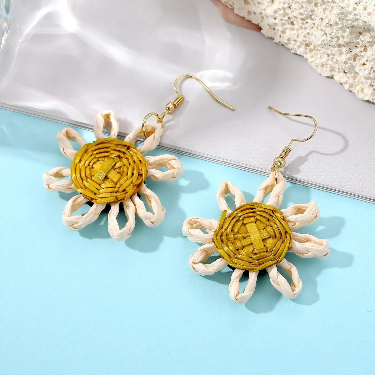 Women's geometric square ear studs in leopard print, sunflower and colourful glaze bead designs, electroplated plastic resin