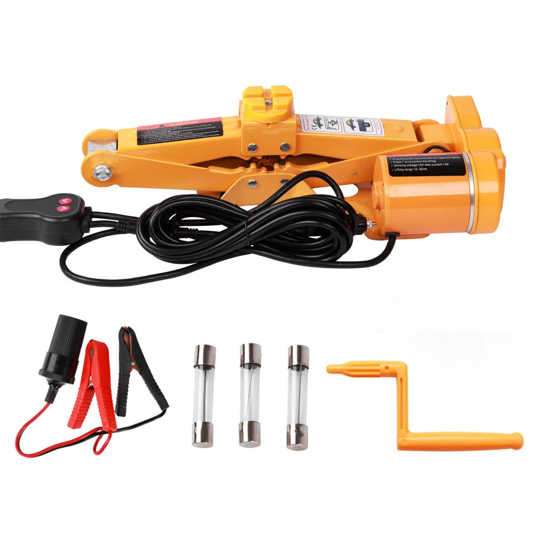TY002 style hydraulic electric car jack with lifting pad extended.