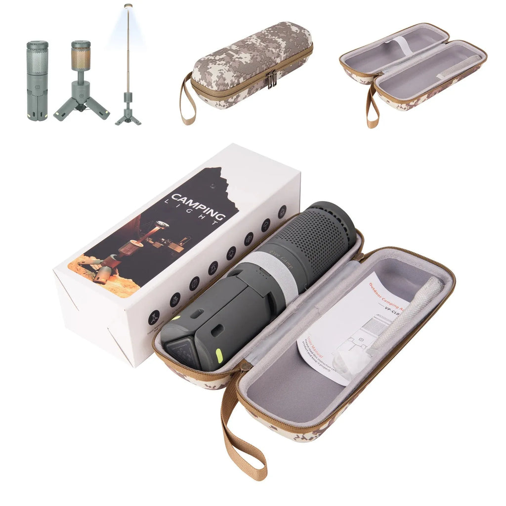 Portable creamy white and dark grey LED camping lantern with push button.