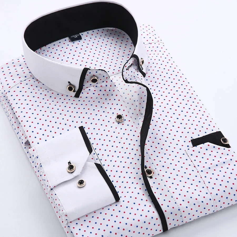 Men's slim fit dot pattern polyester fibre cardigan top with button front in colour SH215, long sleeves, Asian sizing S to 5XL