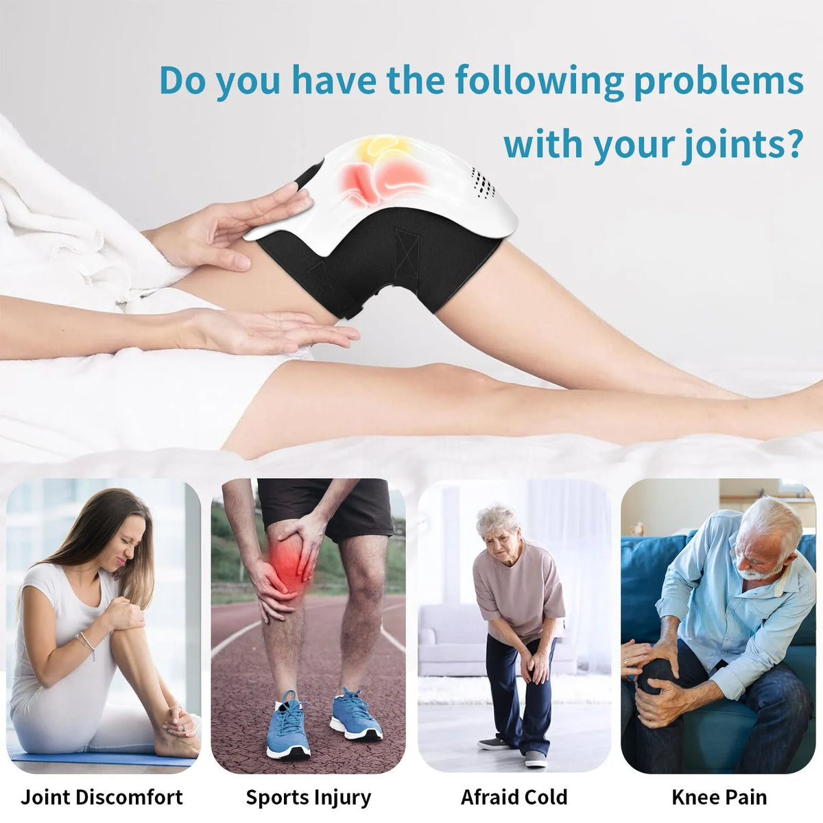 White electric knee massager showing flexible design with control panel and USB charging port